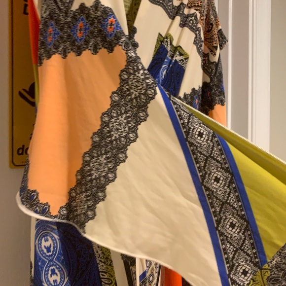 Boston Proper Orange, Blue, Tan, and Black Maxi Dress with scarf waist tie. - Picture 6 of 8